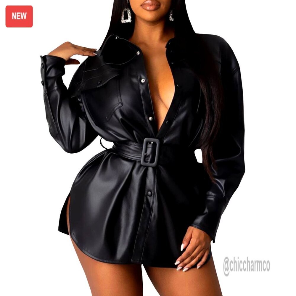 Faux Leather Blouse Shirt Jacket Shacket Button Long Sleeve Lapel Tunic Dress